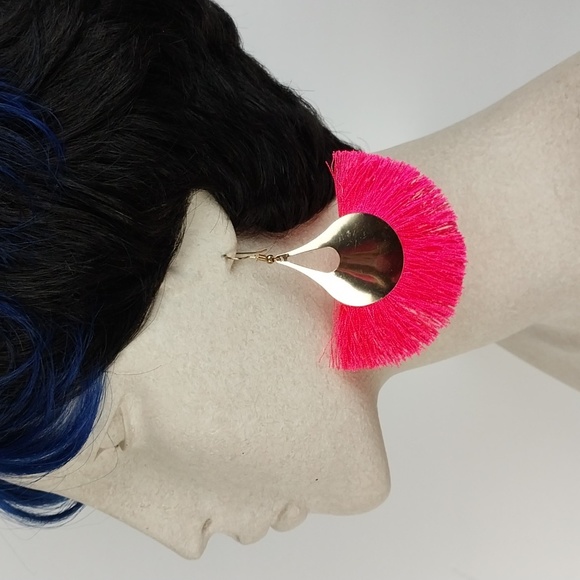Gold Earrings with Neon Pink Tassels - Picture 2 of 3